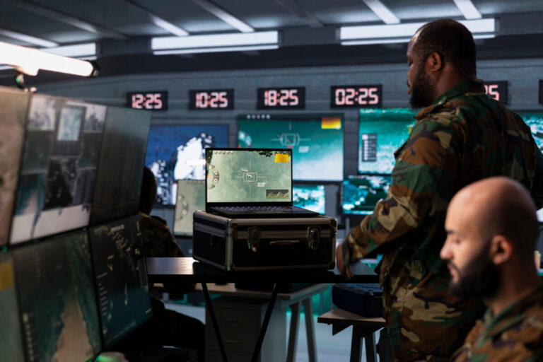 Oracle AI Defense Ecosystem shown by Air Force combat control officer performing tactical level surveillance in war room using laptop