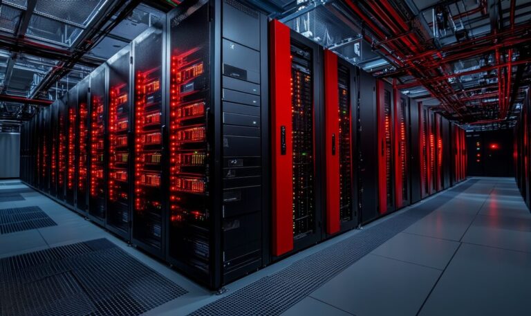 High-tech server room showcasing cloud computing, digital security, and software solutions for online storage, backup systems, and data integration, Generative AI