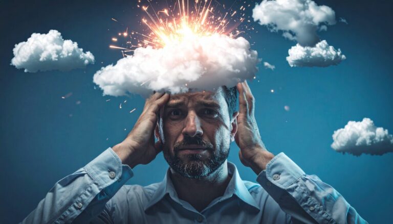 AWS outage lessons shown by IT manager scratching head as cloud full of data comes crashing down, sparks flying