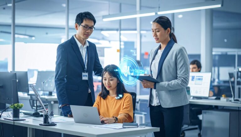 professional team of office workers supported by artificial intelligence