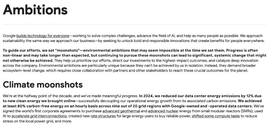 Screen grab of Google's 2025 Environmental report showing its Climate moonshots as a footnote of 'Ambitions'