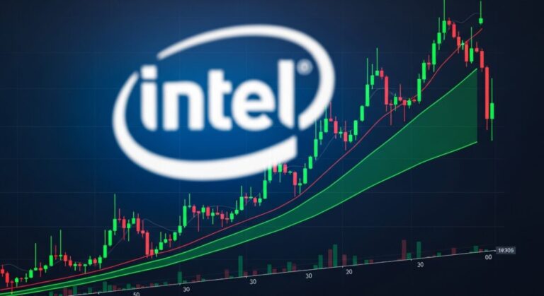 upwards stock chart with Intel logo in background