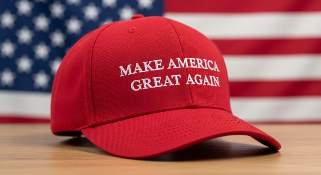 MAGA cap on table with US flag in background