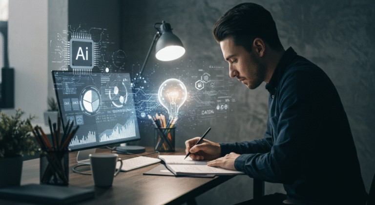 AI and creativity - A man working at a desk combines sketching on paper with digital AI tools on his computer.