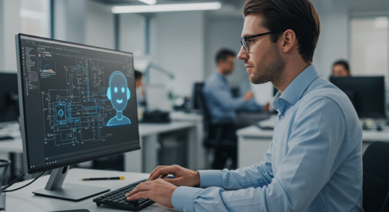 IBM AI Agents Engineers concept: engineer working in front of computer display with a helpful AI agent on-screen