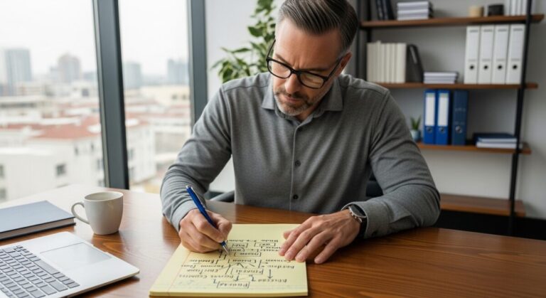 IT director writing down security plans on a paper pad