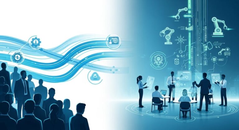 breaking slow chaos through automation - Illustration showing an organization shifting from bureaucratic slow processes to fast, automated digital workflows.