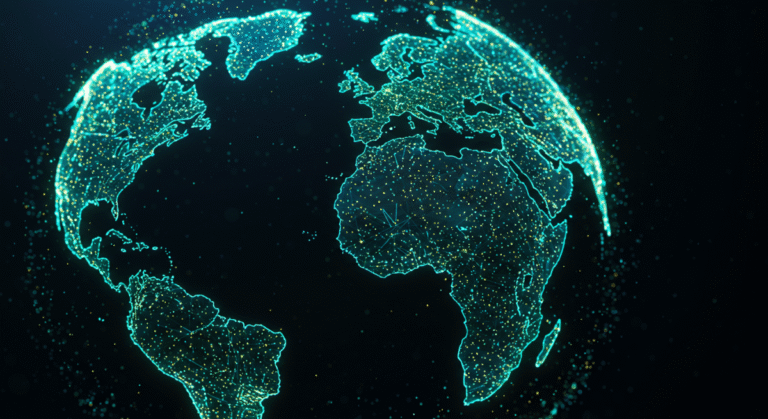 AML challenges for fintechs - Abstract digital globe composed of interconnected glowing nodes and circuits.