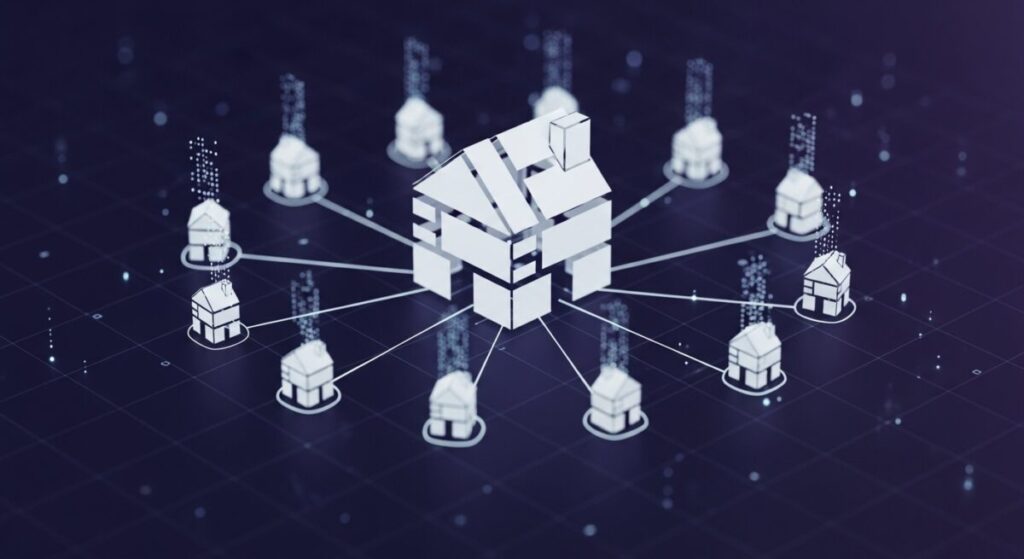 tokenization in real estate shown by one big house being split into multiple smaller digital houses