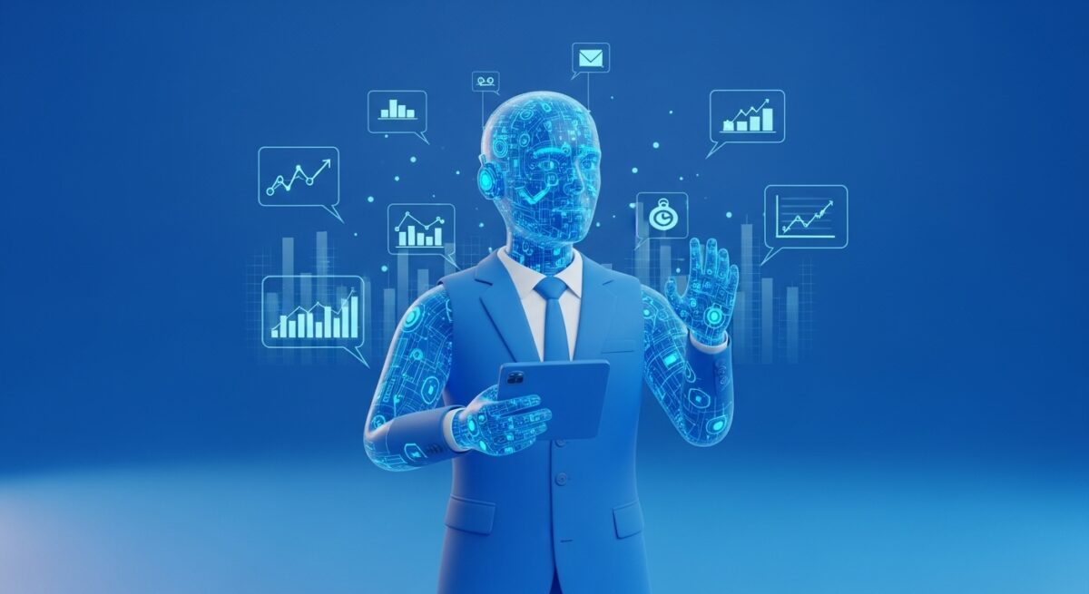 AI-powered trader dressed in suit with blue background and financial graphics