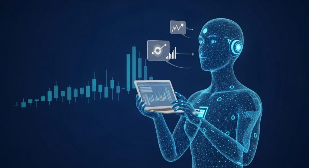 AI powered trader shown holding laptop to digest data