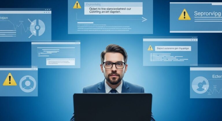 software testing ai concept: software developer looking at viewer surrounded by screens with error messages