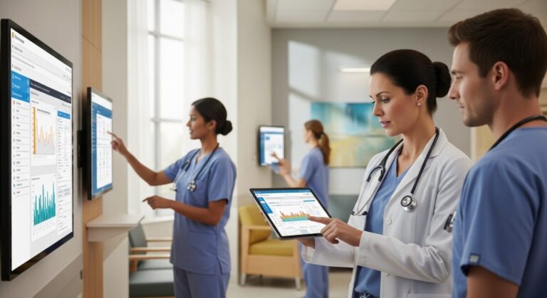 Intuitive healthcare systems - Clinicians using intuitive digital systems in a modern hospital to improve patient care and streamline workflows.