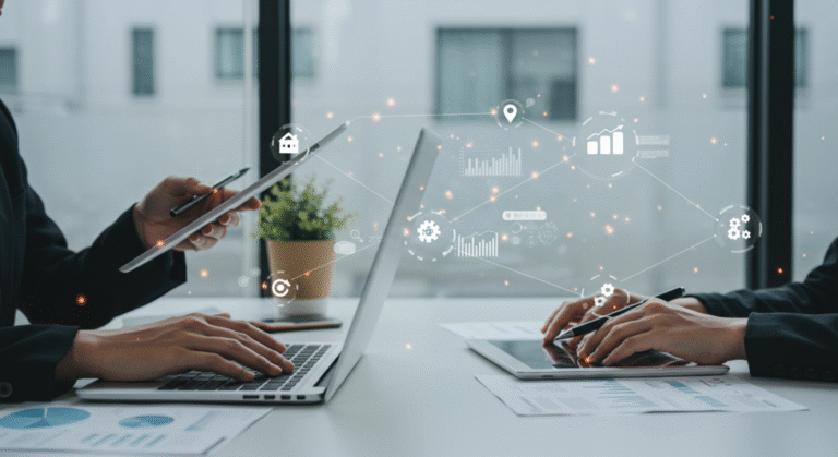 Document automation - two professionals working with digital documents on laptops and tablets.