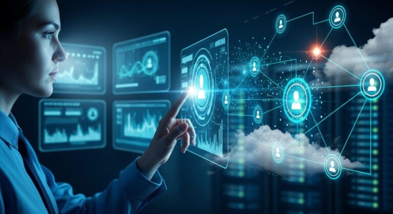 Identity security in enterprise computing - female security analyst examining interconnected digital nodes or identity icons glowing across cloud and server environments