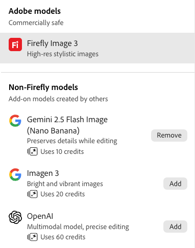 AI model selector in Adobe Express