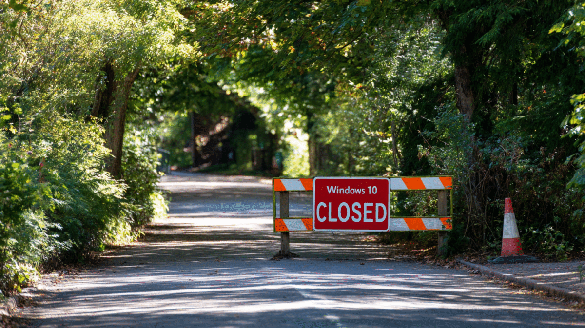 A road with a "Windows 10 closed" sign next to it