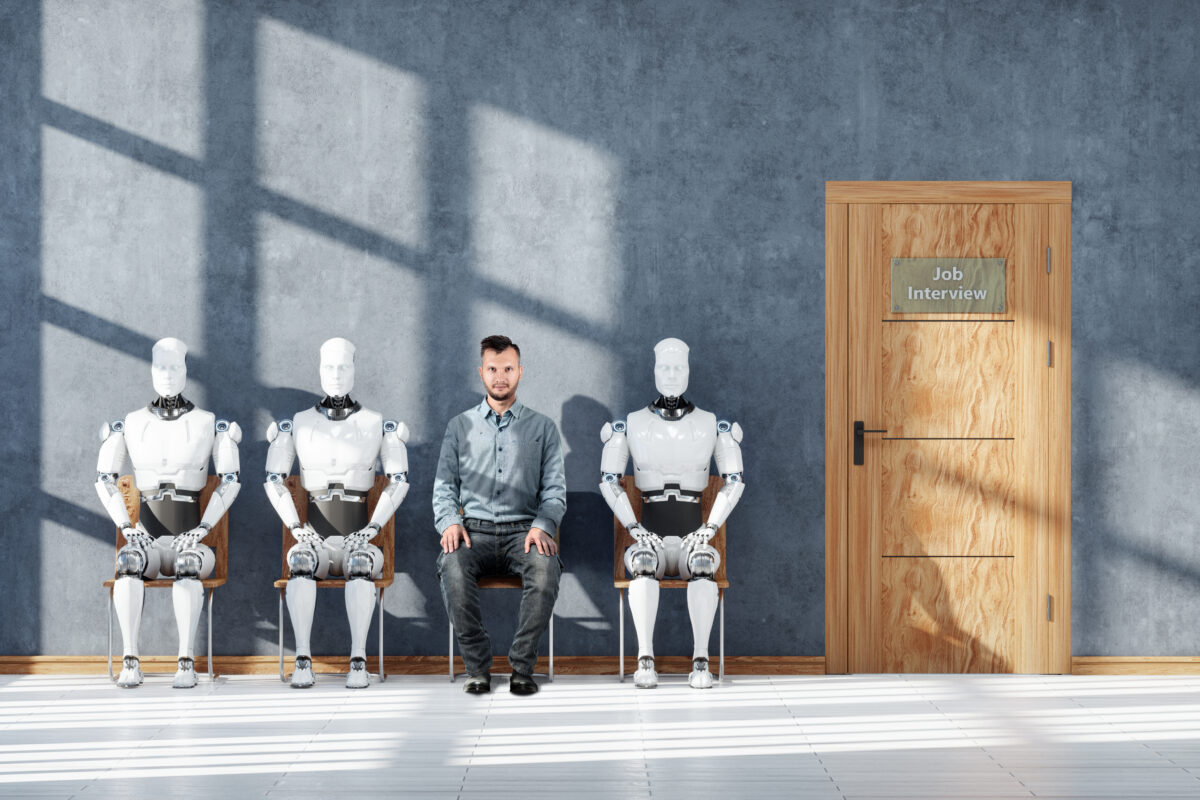 AI jobs shown by Concept Robots and artificial intelligence are taking away jobs. Robots and humans are sitting waiting for a job interview.