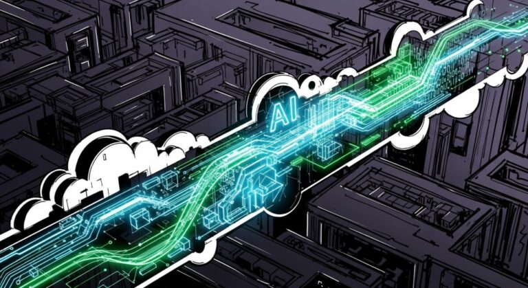 AI and open source security – sketch-style illustration showing AI-powered automation flowing through cloud infrastructure