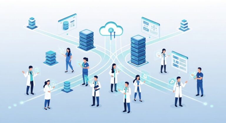 Operational backbone in healthcare - digital illustration showing a network of healthcare professionals and data systems connected through smooth digital pathways