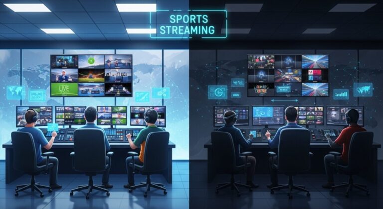 piracy in sports streaming - split view of 2 sport streaming control rooms one legitimate and one shadowy.