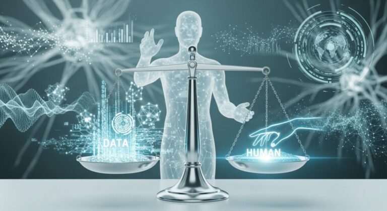 AI bias in business - digital illustration showing a balanced scale or AI figure weighing โdataโ on one side and โhuman oversightโ on the other.