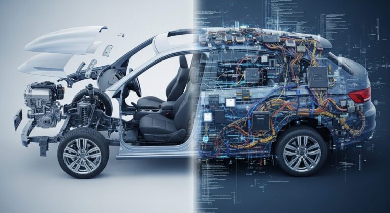 Automotive has a tech debt problem - digital illustration of a car split into physical components on one side and complex, tangled software code, ECUs, and wiring on the other.
