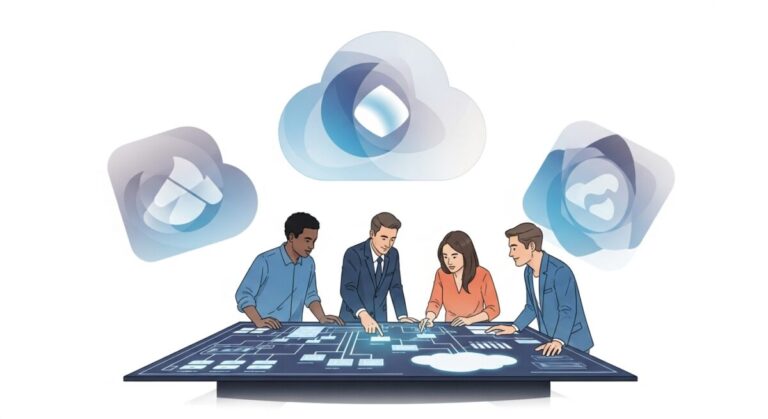 hyperscaler outage impact - small team of engineers examining a large cloud infrastructure diagram while giant cloud provider icons loom in the background