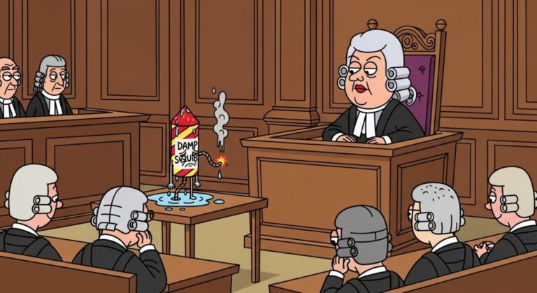 Stability AI Getty court battle represented by cartoon of a judge looking at a damp squib in a courtroom