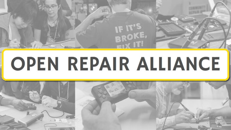 The Open Repair Alliance's logo superimposed over a selection of repair images.