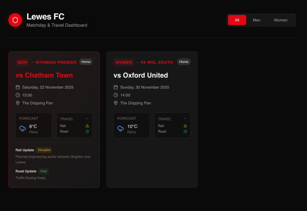 Gemini 3 vibe coding example: Lewes FC fixtures