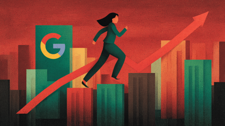 Illustration depicting Google surging ahead with upwards graph in the background