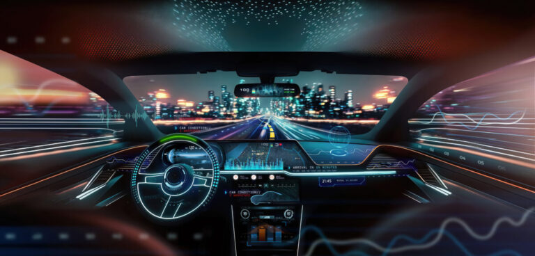 Futuristic cockpit of an Nvidia autonomous vehicle