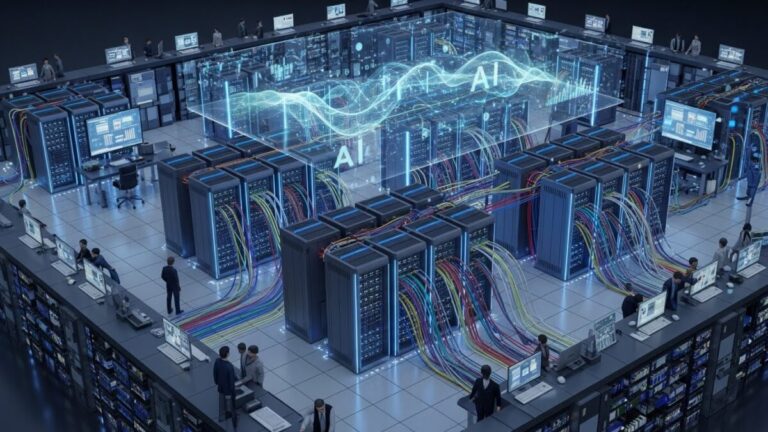 Preparing IT teams for AI in 2026 - illustration of an enterprise IT infrastructure supporting AI workloads with secure networks, cloud connectivity, and operational foundations.