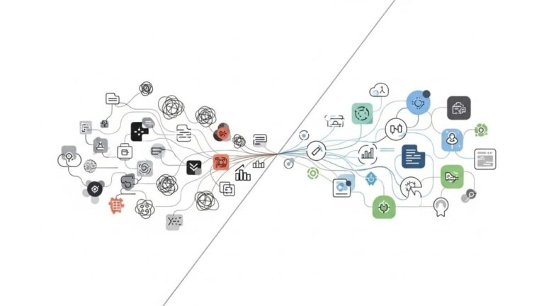 The death of DevOps and the rise of platform engineering - Abstract illustration showing chaotic DevOps tools transforming into a streamlined platform engineering system.