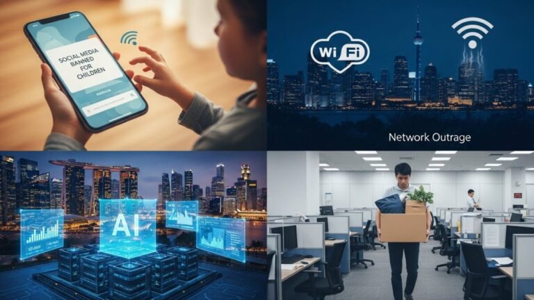 Tech in APAC 2025 montage of pics, including the ban on social media for children, network outages, AI plans, job losses