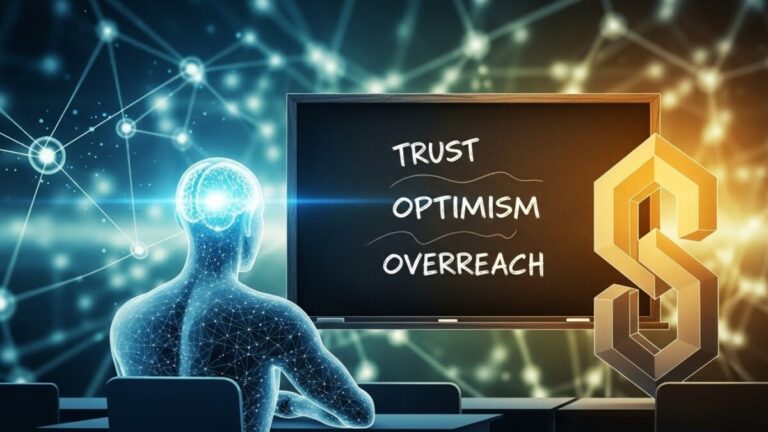 AI learning lessons of blockchain shown by AI student with blockchain standing at the front of class