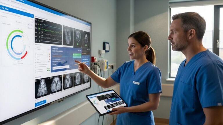 Human-centred AI in healthcare - Clinician reviewing patient data with AI support in a modern hospital setting.