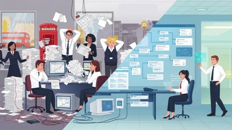fixing UK productivity with orchestration - A split image showing office workers surrounded by outdated tools like spreadsheets and paper workflows, contrasted with a modern, streamlined digital operations dashboard.