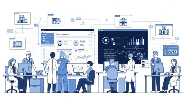 NHS digital transformation in 2026 - illustration showing NHS clinicians and IT staff working with connected digital systems: unified patient records, AI-assisted summaries, and smooth data flow between hospitals
