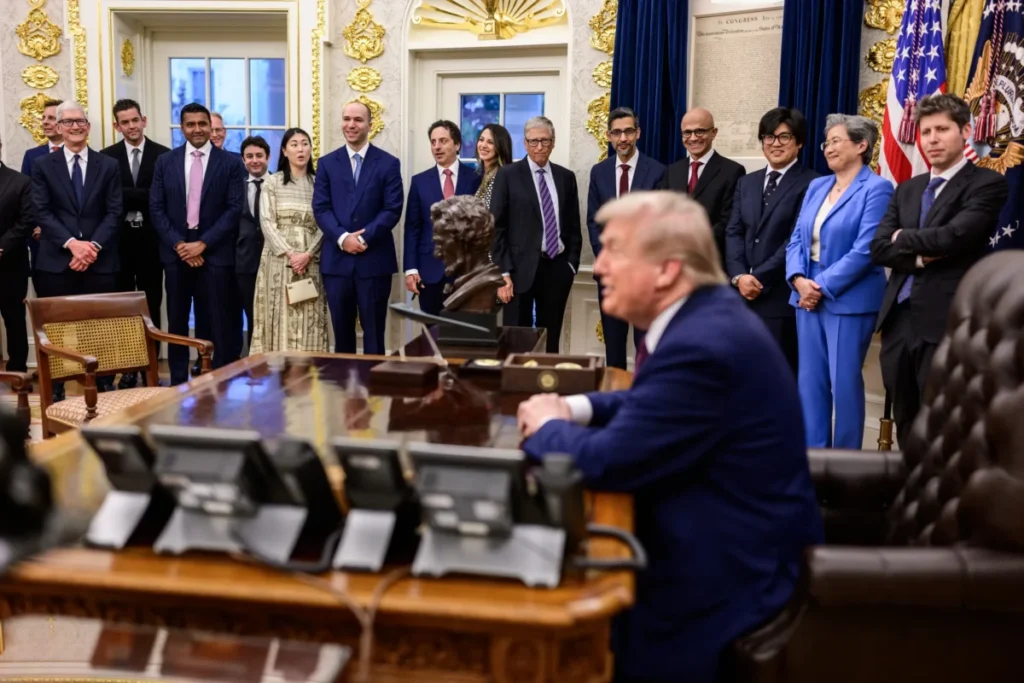 Technology leaders gather in the Oval Office with Donald Trump