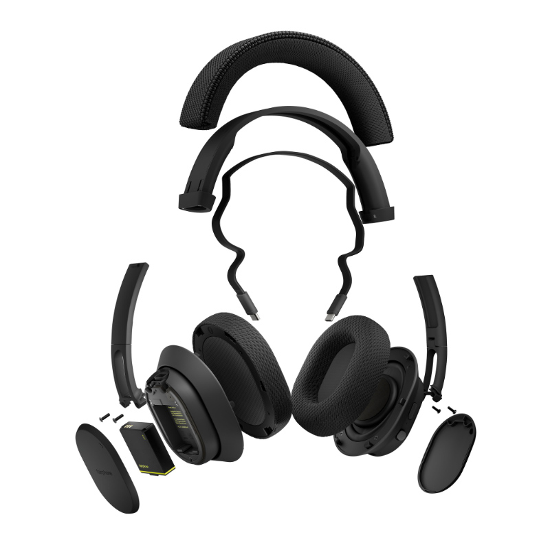 Exploded view of Fairphone Fairbuds XL over-ear headphones showing all modular, replaceable components laid out separately.