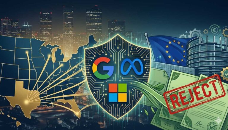 EU sustainability directives argument shown by digital illustration showing Google, Meta, and Microsoft logos on a shield between a US map highlighting Texas and the EU flag, with green documents stamped "REJECT."