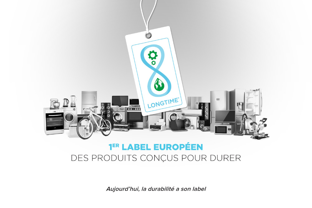 LONGTIME durability label hanging above a range of household appliances and electronics, illustrating the first European label for long-lasting products.