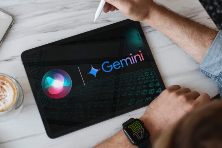 Apple google Gemini partnership shown by Person using tablet displaying gemini and siri ai logos