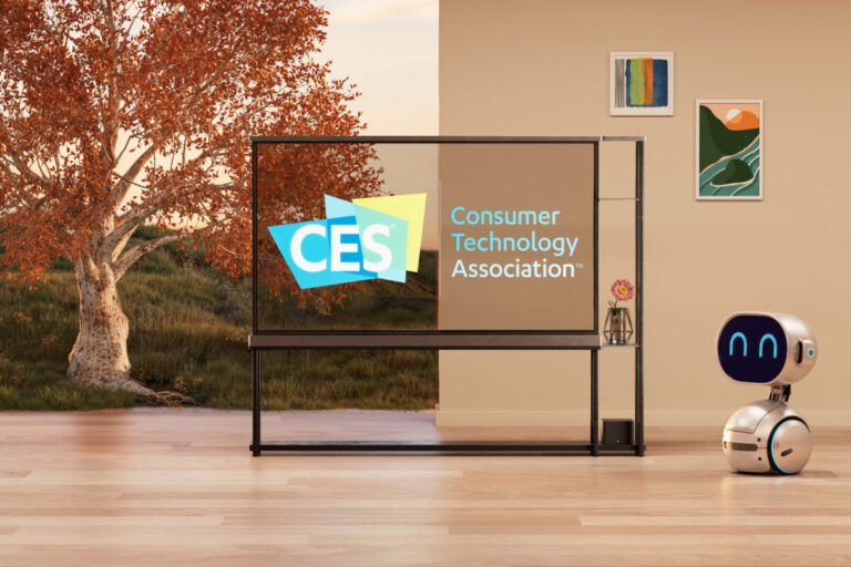 Trade show survival tech: Consumer Electronics Show (CES) logo seen displayed on a transparent OLED TV with a Robot