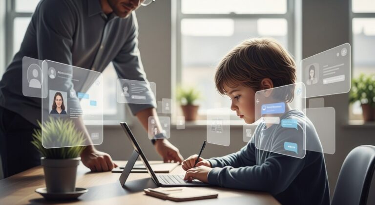 Children online safety and AI - Child using a digital device surrounded by abstract social media and AI elements, highlighting online safety and the need for guidance