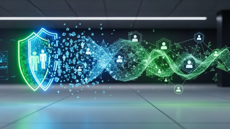 Cybersecurity accountability - illustration of abstract digital shields transforming into connected human and system networks