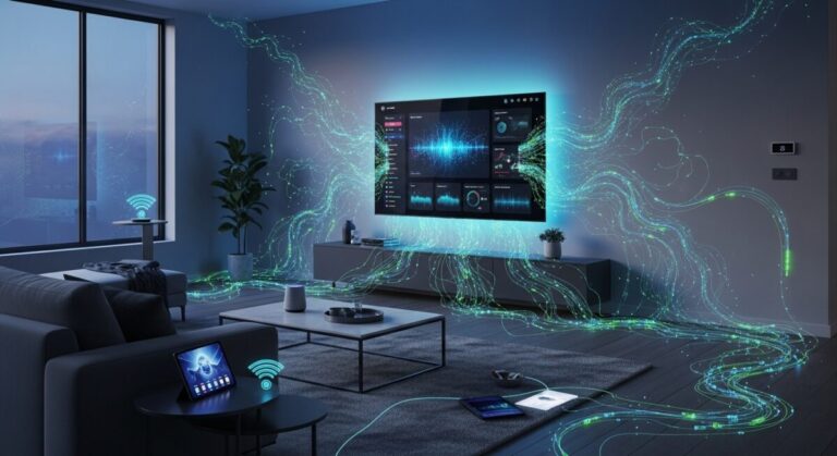 Streaming security: why the living room is the next cyber target - Illustration of a living room with smart TV exposed to cyber threats