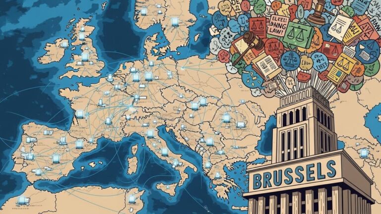 Europe tech 2025: Map of Europe that shows the location of supercomputers but is dominated by Brussels government spouting out laws